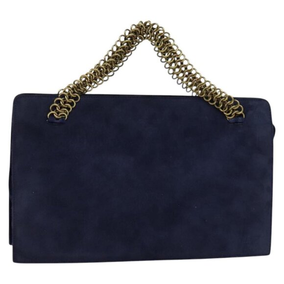 PRADA Chain Hand Bag Suede Navy Gold Auth yk17929 - Picture 1 of 16